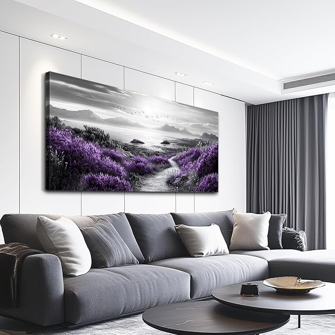 FUHAIHUA Canvas Wall Art For Living Room Wall Decor For Bedroom Office Wall Decoration Purple Flowers Landscape Painting Black And White Pictures Artwork Room Aesthetic Home Decor 20x40 In