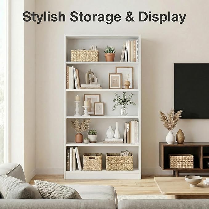 5 Tier Wooden Bookshelf, 60" H Tall Book Shelf with Adjustable Shelves, 33" Wide Bookshelf for Home Office, Living Room