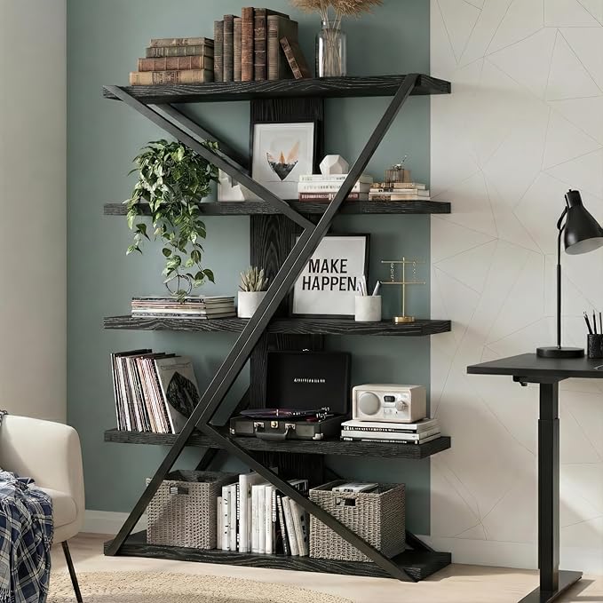 FUSUNBAO Industrial Bookshelf, Vintage 5-Tier Tall Bookcase with Wood and Metal Frame, Rustic Large Display Shelf for Home Office, 67" H x 47" L x 12" W, Black