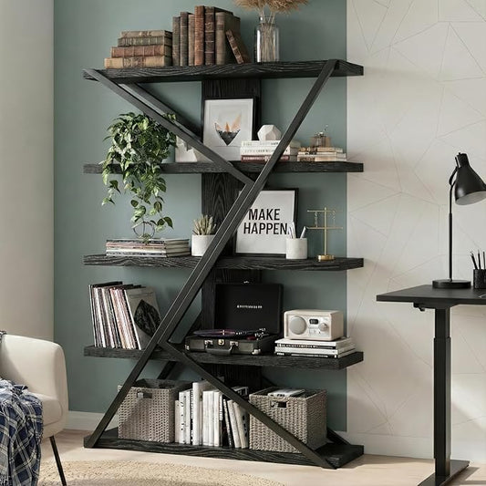 FUSUNBAO Industrial Bookshelf, Vintage 5-Tier Tall Bookcase with Wood and Metal Frame, Rustic Large Display Shelf for Home Office, 67" H x 47" L x 12" W, Black