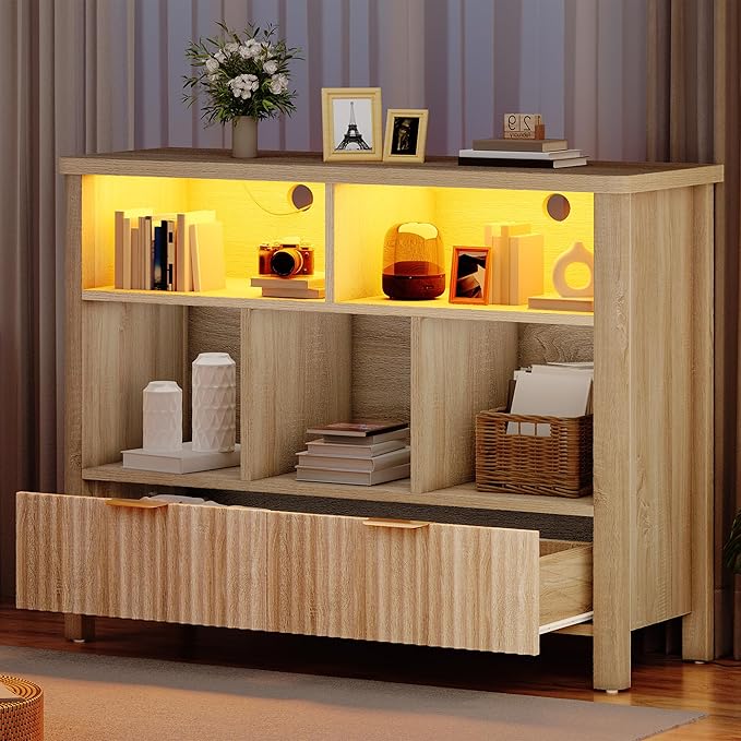 YITAHOME Bookcase with Drawers, Fluted Wood Cubby Storage Organizer Shelf Cube Bookshelf with Adjustable LED Lighting, Modern Horizontal Bookshelf for Living Room, Office, Entryway, Oak