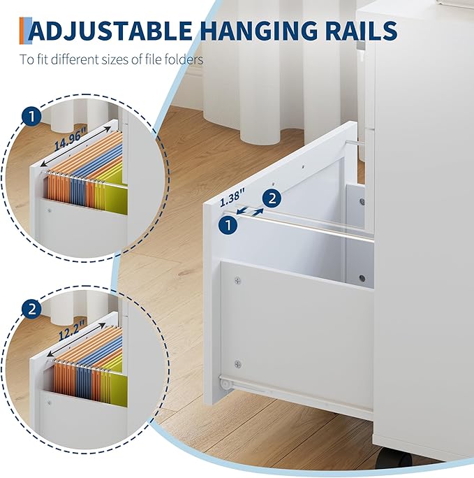 3-Drawer Rolling File Cabinet with Lock - Wooden Mobile Filing Cabinet for Home Office, Under Desk Storage Organizer fits Letter/A4/Legal Size, Sturdy Printer Stand with Locking Casters, White