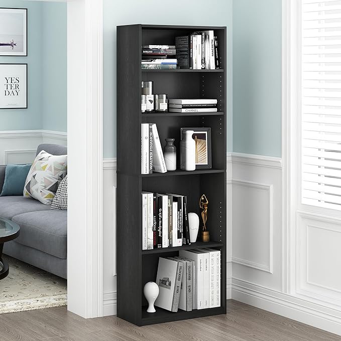 Furinno Jaya Book Shelf Set of 2, 5-Tier Bookshelf, Bookcase, with Adjustable Shelf, 9.5 x 24.5 x 71, for Home Office, Living Room, Black
