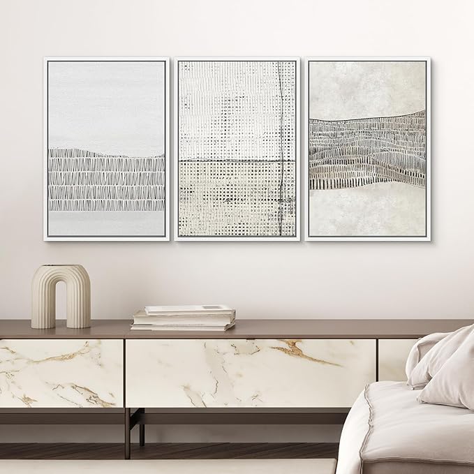 SIGNWIN Framed Canvas Print Wall Art Set Grunge Black Tan Line Art Landscape Abstract Shapes Cozy Neutral Modern Art Decorative Contemporary Minimal for Living Room, Bedroom, Office - 16"x24"x3 White