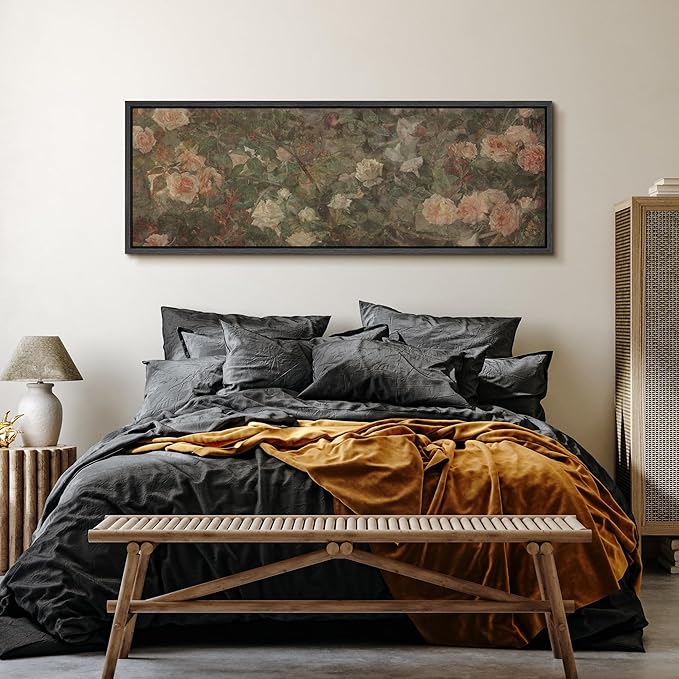 SIGNFORD Large Framed Canvas Vintage White Rose Garden Print Classic Floral Illustrations Modern Art Calm Warm for Living Room, Bedroom, Office - 60"x20"