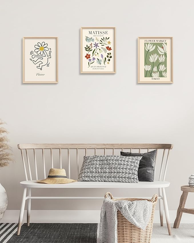 Framed Matisse Canvas Wall Art for Bedroom,Abstract Matisse Canvas Wall Decor,Minimalist Classic Decor Aesthetic,16x12IN Wood High Framed Design Posters for Living Room,Bathroom Set of 3