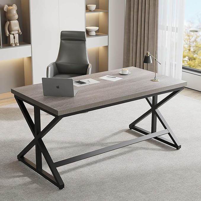 IBF Computer Desk, Industrial PC Laptop Office Desk, Farmhouse Gaming Desk with Spacious Desktop, Rustic Wood Metal Writing Study Work Table for Home Office Bedroom, 47 Inch, Grey Oak