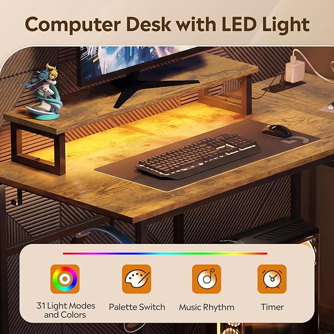 DEVAISE 43 Inch L Shaped Gaming Desk with LED Lights & Power Outlets, Corner Desk for Small Spaces, Sturdy PC Computer Table with Storage for Home Office, Rustic Brown