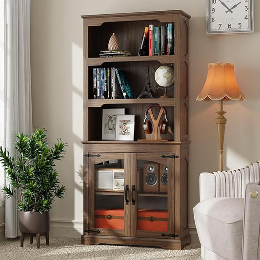 Tall Bookcase, 70 inch Height, 5-Tier Open Storage Shelf, 31.5 in Wide Standing Bookshelves for Home, Office, Bedroom, School, Library, 31.5W * 11.81D *70H (Walnut, Glass Door)