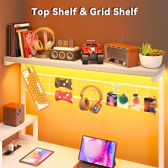 EnHomee 63" L Shaped Gaming Desk with LED Lights & Power Outlets,Reversible Corner Gaming Table with Storage Shelf & Hooks,Computer Desk with Monitor Stand & Print Stand for Bedroom,Home Office,White