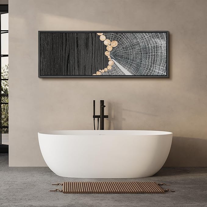 SIGNFORD Large Framed Canvas Black Wood and Tree Ring Abstract Illustrations Modern Art Warm for Living Room, Bedroom, Office - 60"x20"
