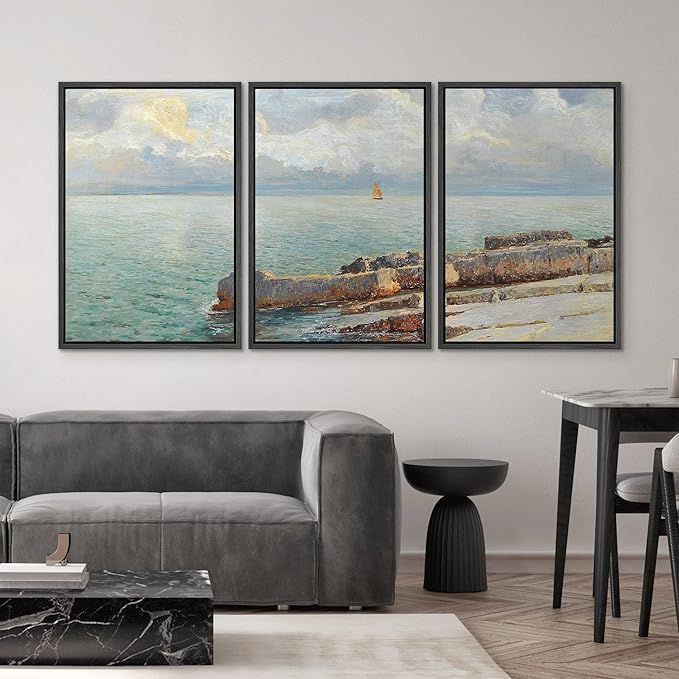 SIGNWIN Framed Canvas Print Wall Art Set Coastal Seascape Classic Ocean View with Sailboat and Rocky Shoreline Illustrations Modern Art Decorative for Living Room, Bedroom, Office - 24"x36"x3 Black