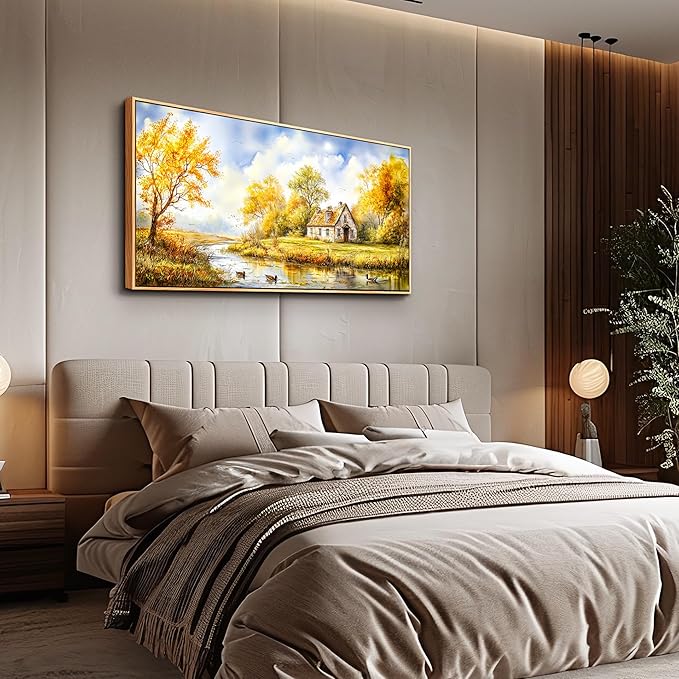 ERQINHUA Canvas Wall Art For Living Room Farmhouse Dining Room Home Wall Decor For Bedroom Office Wall Decoration Yellow Pastoral Creek Landscape Painting Wood Frame Prints Pictures Artwork 20"x40"