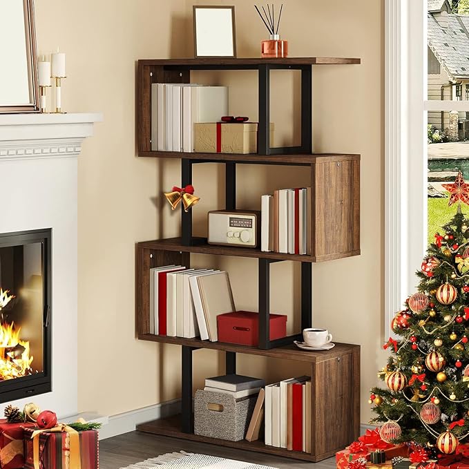YITAHOME 5-Tier Bookshelf, S-Shaped Z-Shelf Bookshelves and Bookcase, Industrial Freestanding Multifunctional Decorative Storage Shelving for Living Room Home Office, Retro Brown