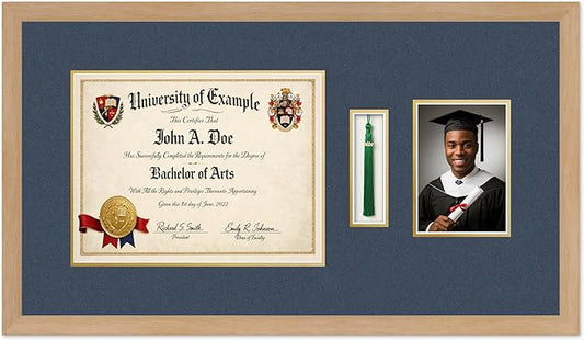 CountryArtHouse Diploma Tassel and Photo Shadowbox Fits 13 x 10 College Diploma (Traditional) with Tas Natural Wood Genuine Hardwood with Navy Blue Over Metallic Gold Double mat