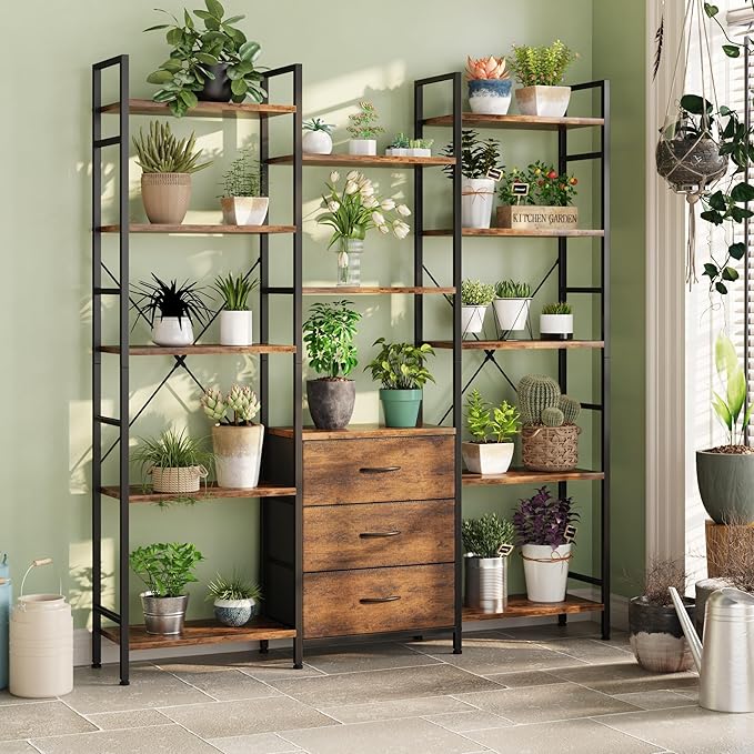 Triple Bookshelf with 3 Fabric Drawers, 5-Tier Book Shelf and 10 Display Shelves, Industrial Large Bookcase for Home & Office, Rustic Brown, 47'' Wide