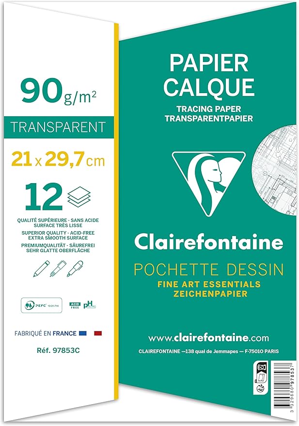 Clairefontaine - Ref 97853C - Tracing Paper (12 Sheets) - A4 Sized, 90/95g, High Transparency, Smooth Surface, Acid Free, Printable - Suitable for Ink, Marker & Pencil