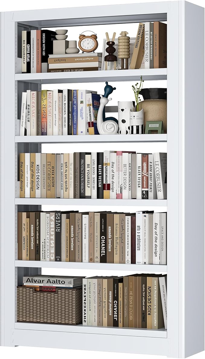 Heavy Duty Metal Bookshelf, 5 Shelf Adjustable Bookcase, 69’’ Tall Modern Bookshelves, Open Book Shelf Organizer, Large Sturdy Book Case for Living Room, Library, Office, White Book Shelf