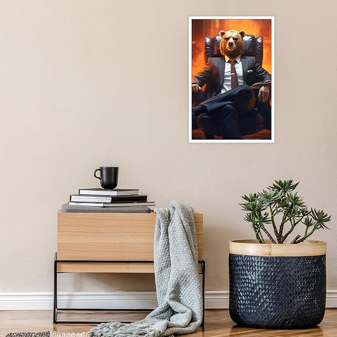 Trendy Suit Animal Bear Portrait Wall Art Funny Boss Bear Canvas Posters Work Struggle Motivation Inspiring Prints Painting For Office Living Room Wall Decor 24x36in Unframed