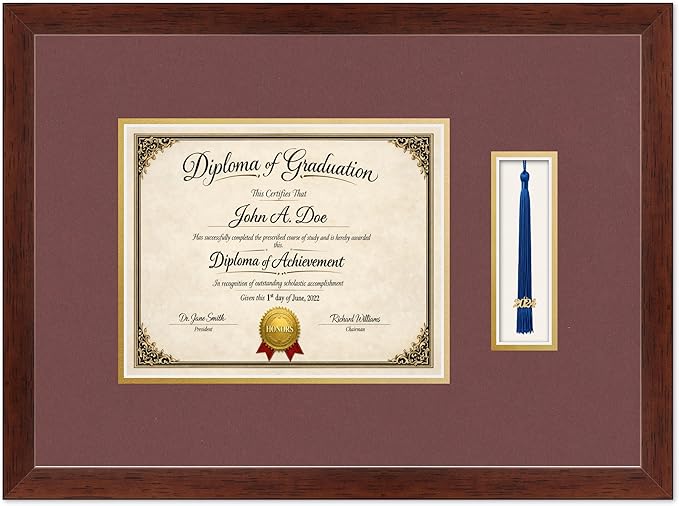 Diploma Frame with Tassel Holder Rustic Walnut Shadowbox Dark Red Over Gold Mat - Fits 10 x 8 Degree Made in the USA