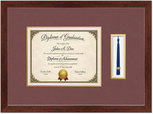 Diploma Frame with Tassel Holder Rustic Walnut Shadowbox Dark Red Over Gold Mat - Fits 10 x 8 Degree Made in the USA