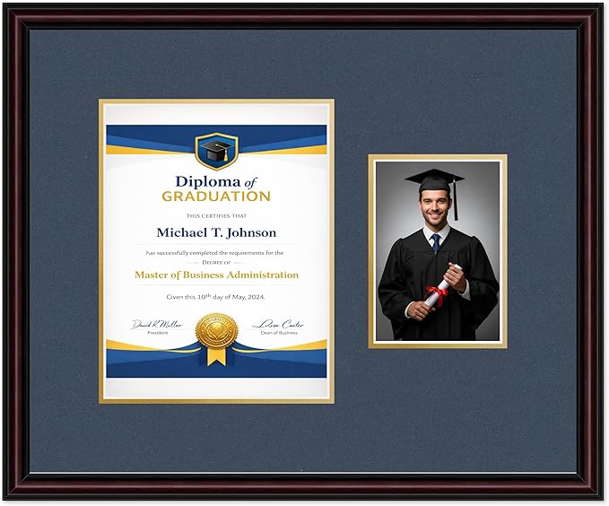 Diploma Frame With Photo Opening Executive Brown Navy Blue Over Gold Mat - Fits 8.5 x 11 Degree and Picture Made in the USA
