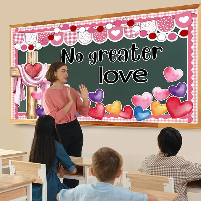 Valentine's Day Christian Bulletin Board Decoration Set Love Heart Cross Bible Verse No Greater Love Bulletin Board Classroom Decoration Cutouts for Sunday School Church VBS Wall Door Decors