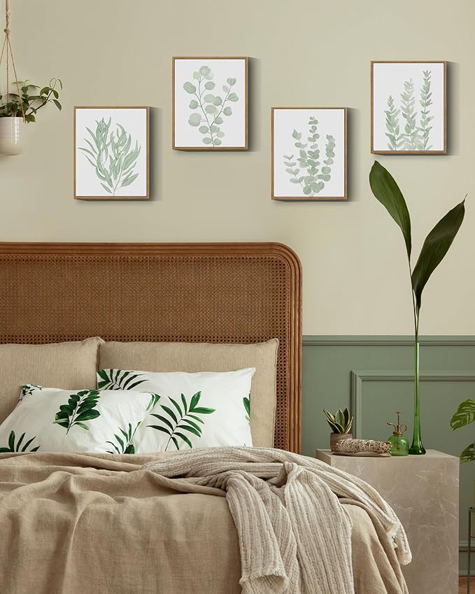 Drsoum Framed Botanical Plant Canvas Wood Wall Art Light Green Sage Wall Decor Eucalyptus Leaf Picture for Bedroom Living Room Bathroom Office 8”x 10” x 4pcs