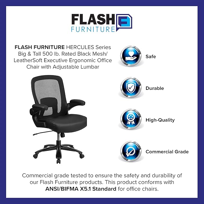Flash Furniture Big & Tall Swivel Office and Gaming Chair with LeatherSoft Seat, Mesh Office Chair with Flip-Up Armrests and Adjustable Height, Black