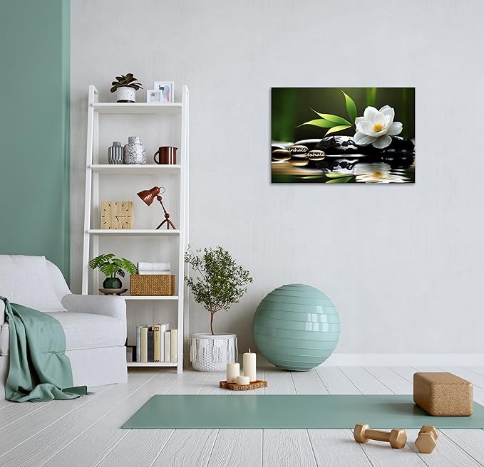 Lotus Flower Wall Art Inspirational Canvas Prints Inhale Exhale Yoga Quotes Poster Positive Relax Prints Pictures for Zen Office Wall Decor Framed Artwork Ready to Hang (12.00" x 16.00")