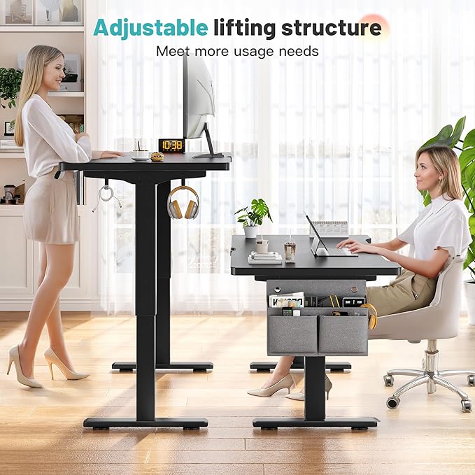 EnHomee 55" Electric Standing Desk with LED Lights, Height Computer Desk with 3 Memory Preset, Adjustable Office Desk with Storage Side Pocket and Cable Management,Wood Desktop, Writing Table, Black