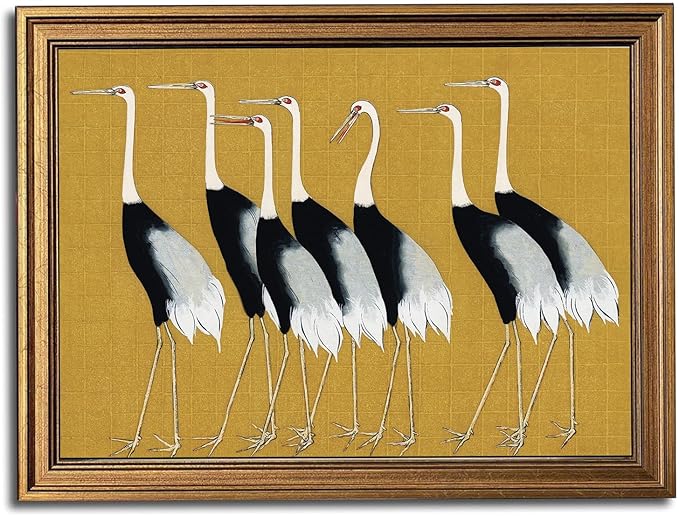Gold Framed Wall Art Vintage Canvas Wall Art Seven Cranes Animals Artwork Artwork Prints Picture for Living Room Bedroom Farmhouse Bathroom Office Decor, 16x24