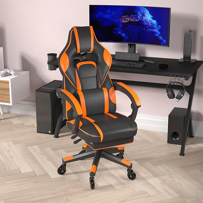 Flash Furniture X40 Gaming Chair Racing Computer Chair with Fully Reclining Back/Arms and Transparent Roller Wheels, Slide-Out Footrest, - Black/Orange