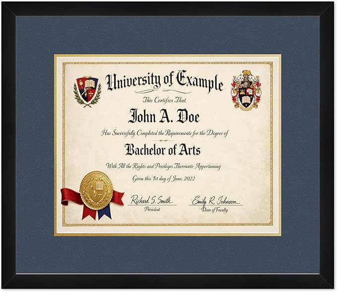 CountryArtHouse Diploma Frame Fits 15 x 12 Military/Government - Keepsake Graduation Display Matte Black Genuine Hardwood with Navy Blue Over Metallic Gold Double mat