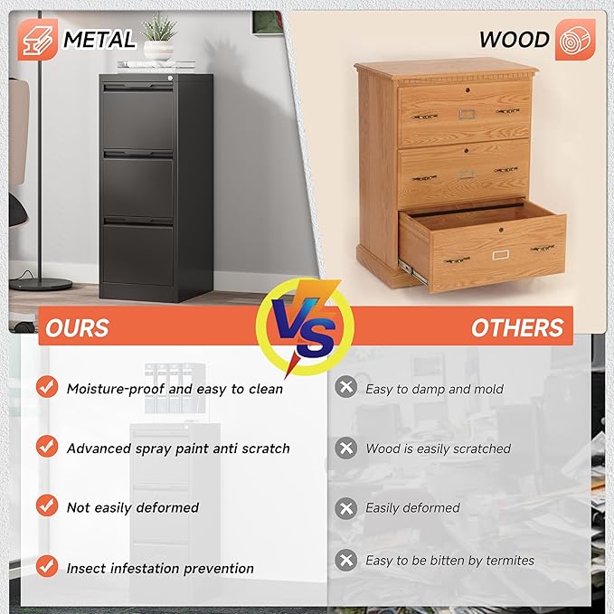 3 Drawer File Cabinet,Filing Cabinets for Home Office, Metal Vertical File Storage with Lock, Locking for A4 Legal/Letter, Assembly Required(Black)