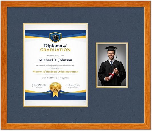 Diploma Frame With Photo Opening Honey Oak Navy Blue Over Gold Mat - Fits 10 x 13 Degree and Picture Made in the USA