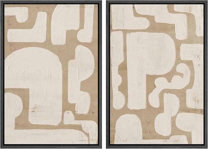 SIGNWIN Framed Canvas Print Wall Art Set Sophisticated Abstract Network Beige Interlaced Lines on White Illustrations Modern Art Minimal Relax/Calm for Living Room, Bedroom, Office - 24"x36"x2 Black