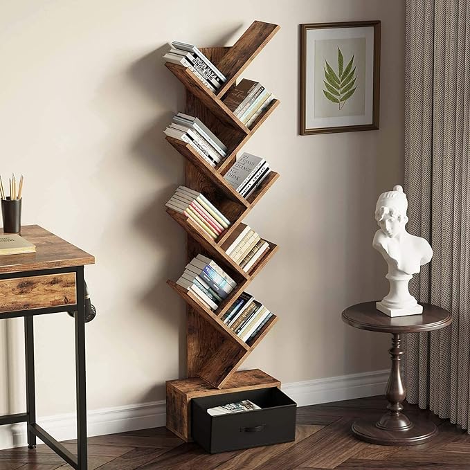 Rolanstar Tree Bookshelf with Drawer, 9 Shelf Bookshelf, Wooden Bookcase Storage Rack for CDs/Movies/Books, Corner Bookshelves, Utility Organizer Shelves for Living Room, Bedroom, Rustic Brown
