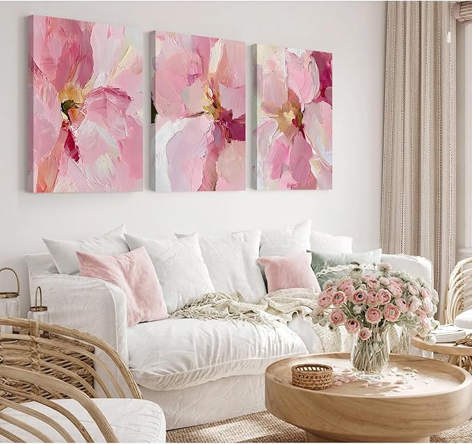 Abstract Floral Wall Art Pink Flower Canvas Pictures Modern Wall Decor Blush Pastel Pink Prints Peony Painting Minimalist Poster Botanical Artwork for Bedroom Living Room 12x16x3 Inch Ready to Hang