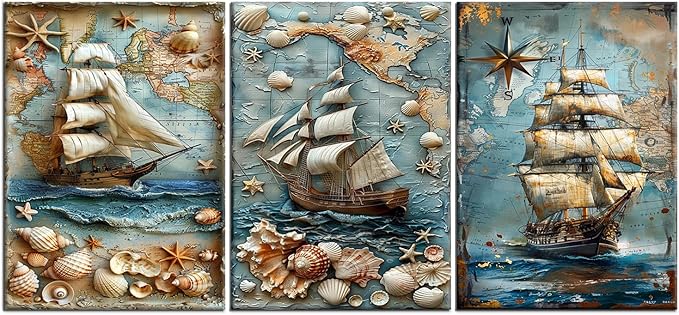 Abstract Sailboat Wall Art Seashell Starfish Map Poster Print on Wooden Canvas Blue Ocean Theme Picture Painting Wall Decor Artwork for Living Room Hotel Workplace Ready to Hang [60''Wx28''H]