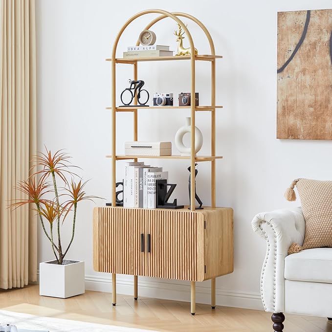 71" Tall Fluted Arched Bookshelf with Doors, Mid Century Modern Metal Bookcase Cabinet with Storage, 4-Tier Industrial Organizer Rack Storage Shelves for Home Office, Living Room (Natural)