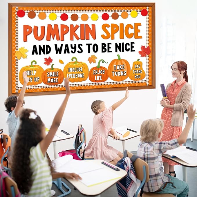 gisgfim Thanksgiving Pumpkin Bulletin Board Decorations Fall Classroom Pumpkin Spice and Ways to Be Nice Paper Cutouts Autumn Bulletin Board Set DIY Craft for School Office Wall Door Decor Supplies