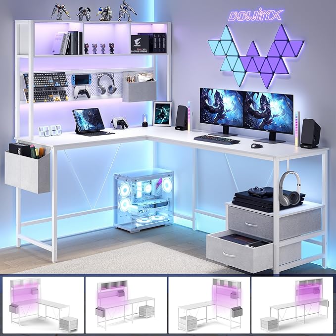 Dowinx 67” L-Shaped Gaming Desk with Pegboard & Drawers, Reversible Computer Desk with RGB Lights & Power Outlets, Corner Workstation with Storage & Hutch for Home Office & Gaming White