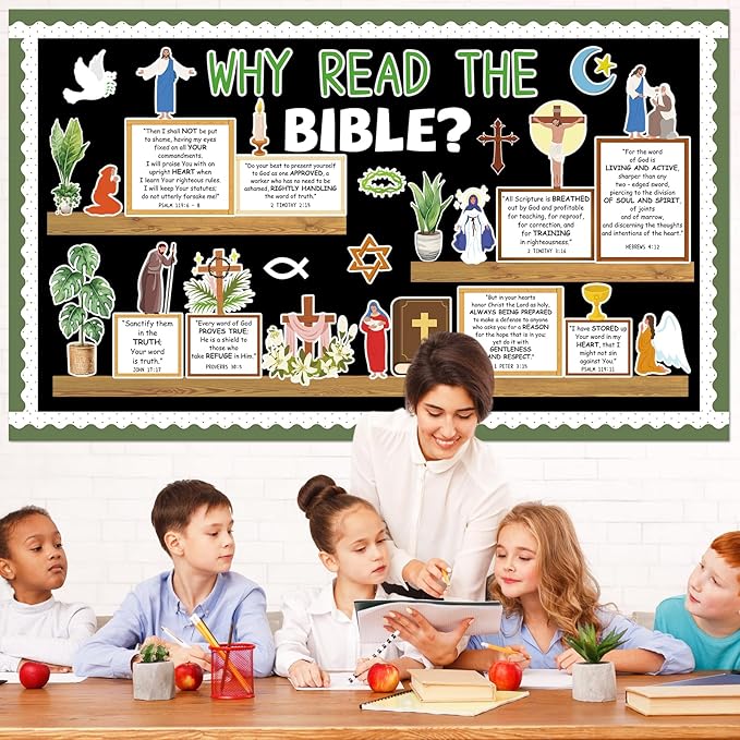gisgfim Christian Plant Bulletin Board Decorations Set Religious Bookshelf Motivational Paper Cutouts Bible Verse Bulletin Board Decor for Classroom Back to School Sunday School Chalkboard Wall