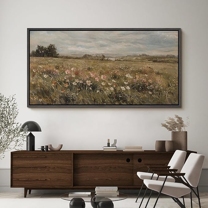 SIGNFORD Extra Large Framed Canvas Pastoral Flower Field Landscape Classic Illustrations Modern Art Calm Warm for Living Room, Bedroom, Office - 60"x30"