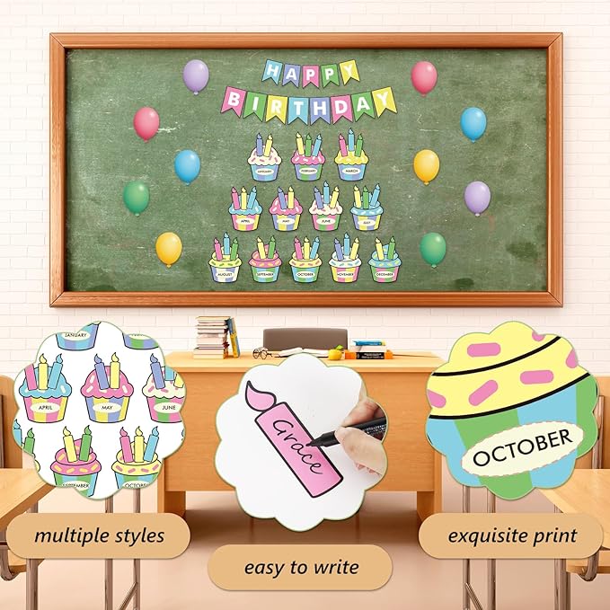 JarThenaAMCS 85Pcs Happy Birthday Bulletin Board Set Colorful Cake Balloon Candles Calendar Poster Classroom Birthday Chart for Back to School Decorations