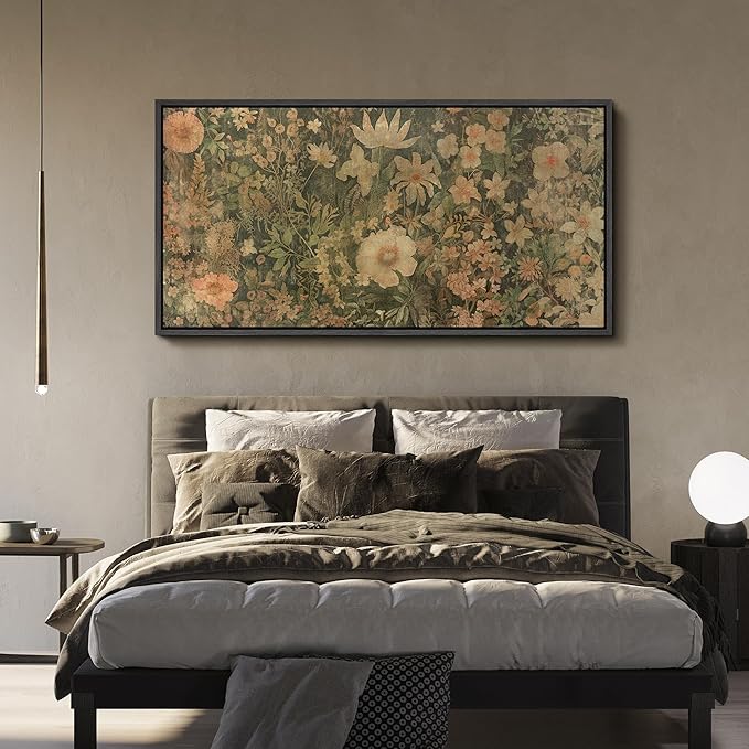 SIGNFORD Extra Large Framed Canvas Botanical Garden in Muted Earth Tones Vintage Floral Illustrations Modern Art Calm Warm for Living Room, Bedroom, Office - 60"x30"