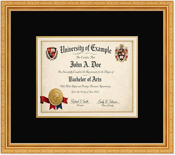CountryArtHouse Diploma Frame Fits 10 x 8 Professional License - Keepsake Graduation Display Museum Gold Genuine Hardwood with Black Over Metallic Gold Double mat
