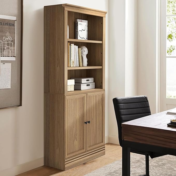 JAHRSTIM Halston Standard with Doors Bookshelves and Bookcase Floor Standing 5 Tier Adjustable Shelves Organizer and Storage, 72in Tall Bookshelf for Home Office, Living Room, Bed Room, Kitchen, Oak