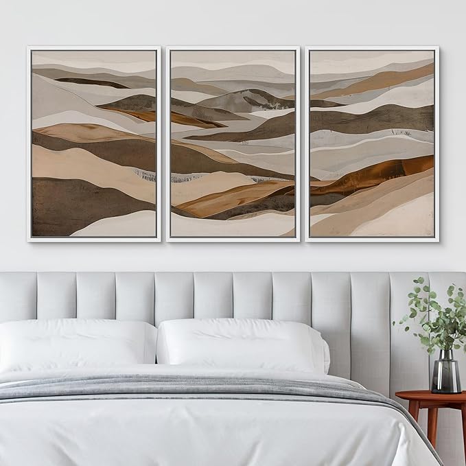 SIGNWIN Framed Canvas Print Wall Art Abstract Mountain Modern Minimalist Beige and Brown Layered Shape Nature Wilderness Modern Art Cool for Living Room, Bedroom, Office - 24"x36"x3 White